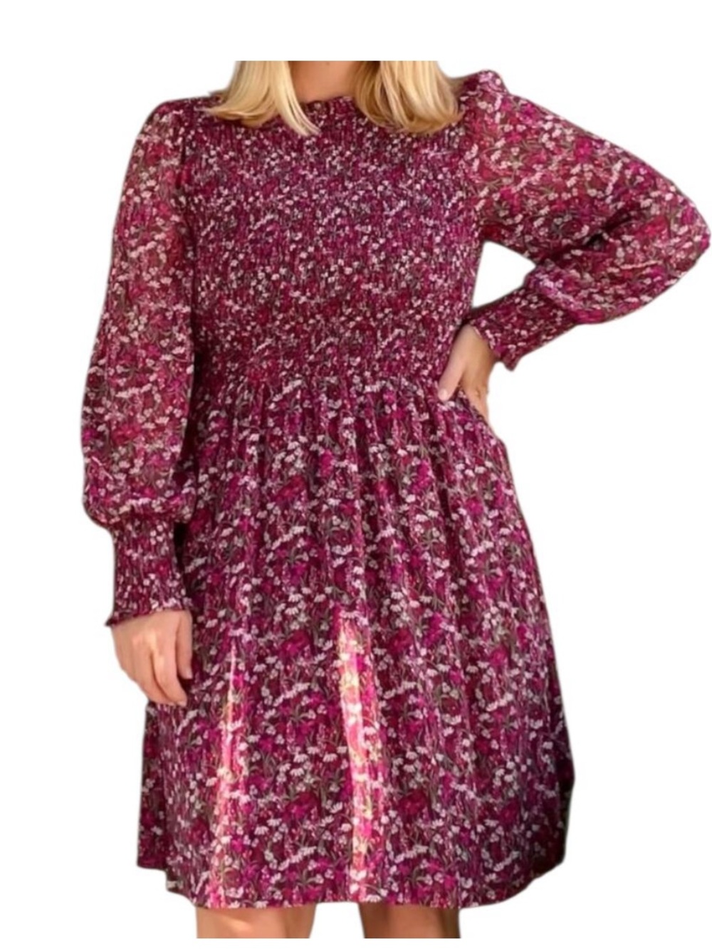 Draper James RSVP plum smocked long sleeve dress floral